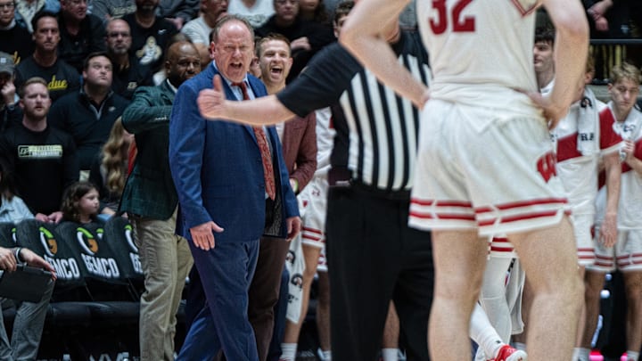 Mar 7, 2026; West Lafayette, Indiana, USA; Wisconsin Badgers head coach Greg Gard yells at a referee during the first half against the Purdue Boilermakers at Mackey Arena. Mandatory Credit: Jacob Musselman-Imagn Images Mar 7, 2026; West Lafayette, Indiana, USA; Wisconsin Badgers head coach Greg Gard yells at a referee during the first half against the Purdue Boilermakers at Mackey Arena. Mandatory Credit: Jacob Musselman-Imagn Images