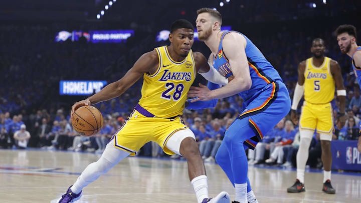 May 5, 2026; Oklahoma City, Oklahoma, USA; Los Angeles Lakers forward Rui Hachimura (28) drives to the basket against Oklahoma City Thunder center Isaiah Hartenstein (55) in the first half during game one of the second round of the 2026 NBA Playoffs at Paycom Center. Mandatory Credit: Alonzo Adams-Imagn Images