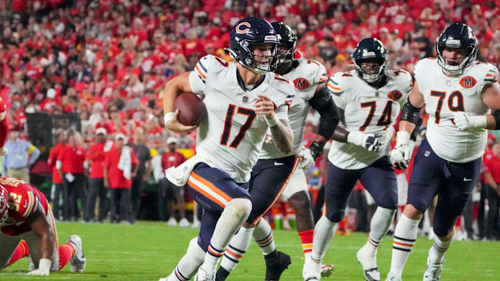 Aug 22, 2025; Kansas City, Missouri, USA; Chicago Bears quarterback Tyson Bagent (17) runs the ball against the Kansas City Chiefs during the second half of the game at GEHA Field at Arrowhead Stadium. Mandatory Credit: Denny Medley-Imagn Images