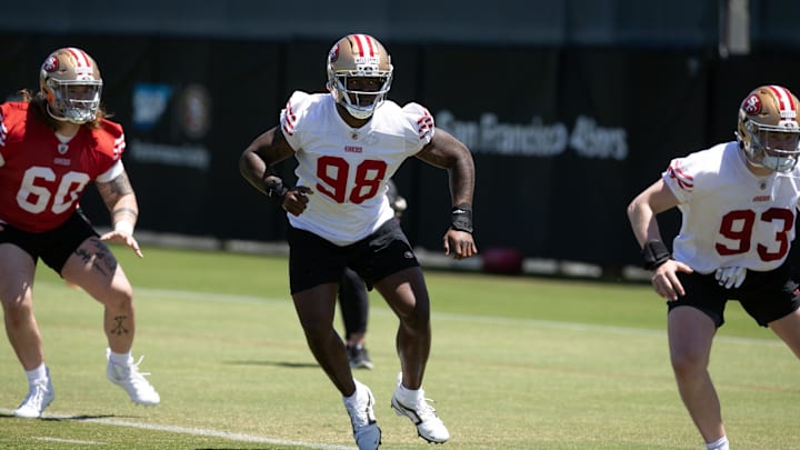 May 9, 2025; Santa Clara, CA, USA; San Francisco 49ers defensive lineman Mikel Williams (98) works out during the teamís rookie minicamp. Mandatory Credit: D. Ross Cameron-Imagn Images