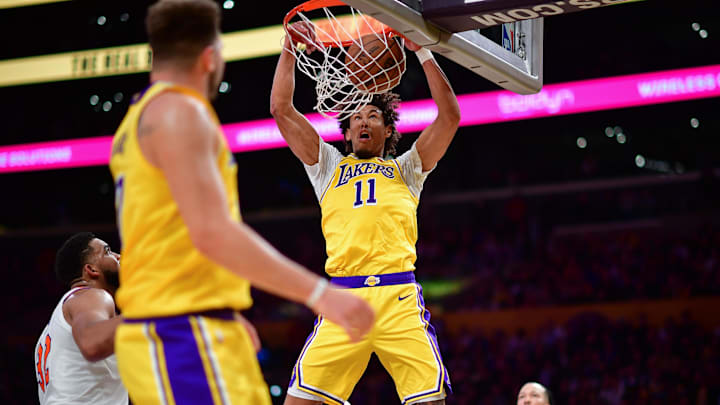 Mar 6, 2025; Los Angeles, California, USA; Los Angeles Lakers center Jaxson Hayes (11) dunks for the basket against the New York Knicks during the second half at Crypto.com Arena. Mandatory Credit: Gary A. Vasquez-Imagn Images