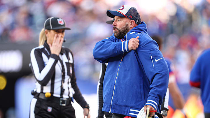 Nov 3, 2024; East Rutherford, New Jersey, USA; New York Giants head coach Brian Daboll reacts to an offensive pass interference call negating a Giants touchdown during the second half against the Washington Commanders at MetLife Stadium.  
