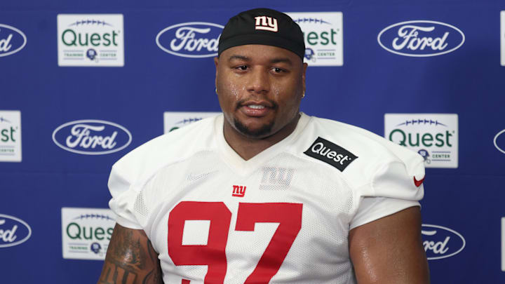Jul 23, 2025; East Rutherford, NJ, USA; New York Giants defensive tackle Dexter Lawrence II (97) talks with media during training camp at Quest Diagnostics Training Center.  