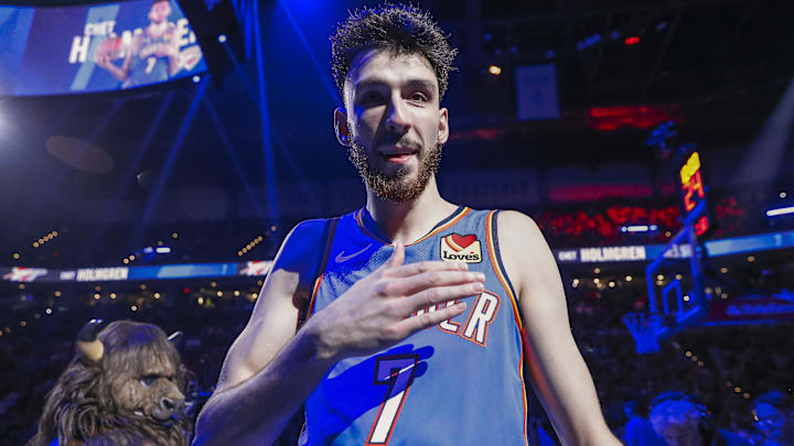 Feb 7, 2025; Oklahoma City, Oklahoma, USA; Oklahoma City Thunder forward Chet Holmgren (7) during introductions before the start of a game against the Toronto Raptors during the second half at Paycom Center. Mandatory Credit: Alonzo Adams-Imagn Images Feb 7, 2025; Oklahoma City, Oklahoma, USA; Oklahoma City Thunder forward Chet Holmgren (7) during introductions before the start of a game against the Toronto Raptors during the second half at Paycom Center. Mandatory Credit: Alonzo Adams-Imagn Images