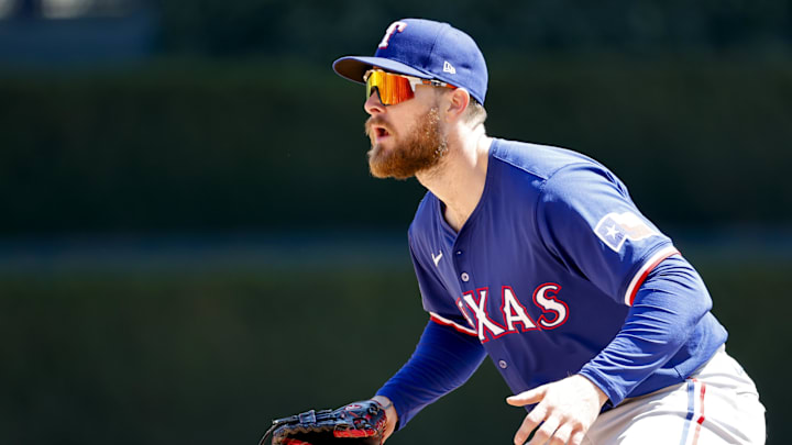 Apr 16, 2024; Detroit, Michigan, USA;  Texas Rangers first baseman Jared Walsh (21) in the field in