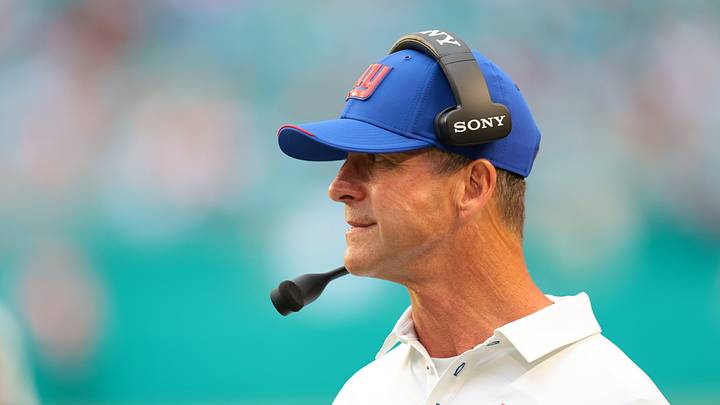 Aug 22, 2026; Miami Gardens, Florida, USA; New York Giants head coach John Harbaugh watches from the sideline against the Miami Dolphins during the second half at Hard Rock Stadium. Aug 22, 2026; Miami Gardens, Florida, USA; New York Giants head coach John Harbaugh watches from the sideline against the Miami Dolphins during the second half at Hard Rock Stadium.
