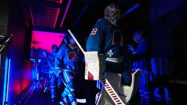 Apr 11, 2026; Denver, Colorado, USA; Colorado Avalanche goaltender MacKenzie Blackwood (39) leads the team before a game against the Vegas Golden Knights at Ball Arena. Mandatory Credit: Ron Chenoy-Imagn Images