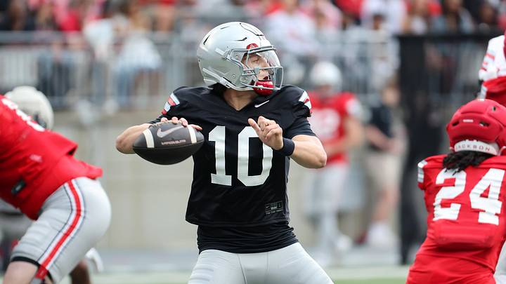 Apr 18, 2026; Columbus, OH, USA;  Ohio State Quarterback Julian Sayin (10) throws the ball during the annual spring game at Ohio Stadium. Mandatory Credit: Joseph Maiorana-Imagn Images 