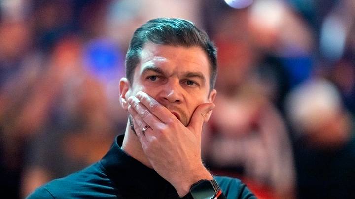 Apr 14, 2026; Phoenix, Arizona, USA; Portland Trail Blazers acting head coach Tiago Splitter reacts against the Phoenix Suns during the play-in rounds of the 2026 NBA Playoffs at Mortgage Matchup Center. Mandatory Credit: Mark J. Rebilas-Imagn Images