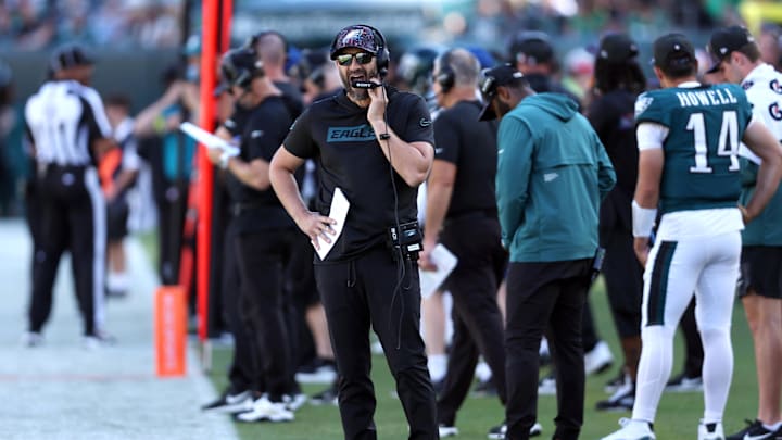 Oct 5, 2025; Philadelphia, Pennsylvania, USA; Philadelphia Eagles head coach Nick Sirianni looks on in the second half against the Denver Broncos at Lincoln Financial Field. Mandatory Credit: Bill Streicher-Imagn Images Oct 5, 2025; Philadelphia, Pennsylvania, USA; Philadelphia Eagles head coach Nick Sirianni looks on in the second half against the Denver Broncos at Lincoln Financial Field. Mandatory Credit: Bill Streicher-Imagn Images
