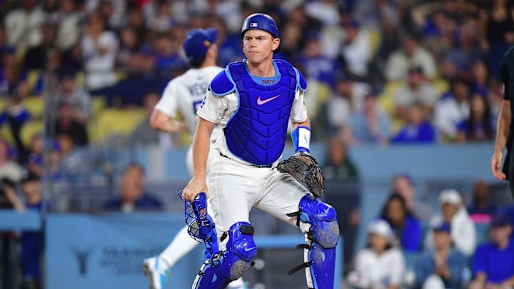 Aug 15, 2025; Los Angeles, California, USA; Los Angeles Dodgers catcher Will Smith (16) in position at home against the San Diego Padres during the eighth inning at Dodger Stadium. Mandatory Credit: Gary A. Vasquez-Imagn Images Aug 15, 2025; Los Angeles, California, USA; Los Angeles Dodgers catcher Will Smith (16) in position at home against the San Diego Padres during the eighth inning at Dodger Stadium. Mandatory Credit: Gary A. Vasquez-Imagn Images