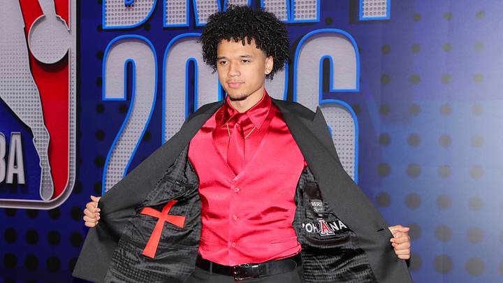 Jun 23, 2026; New York, NY, USA; Draft prospect Brayden Burries poses for photos on the red carpet before the 2026 NBA draft at Barclays Center. Mandatory Credit: Brad Penner-Imagn Images