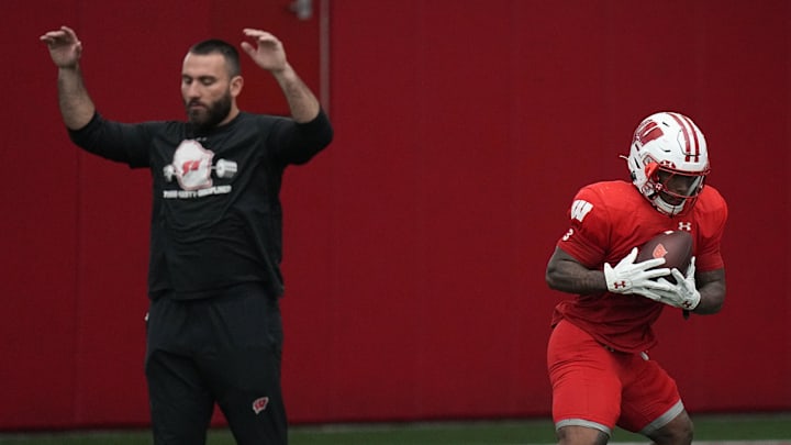Wisconsin running back Tawee Walker (3) is shown during spring football practice Thursday, April 25, 2024 in Madison, Wisconsin. The Wisconsin Badgers football team plays their season opener against Western Michigan on August 31.