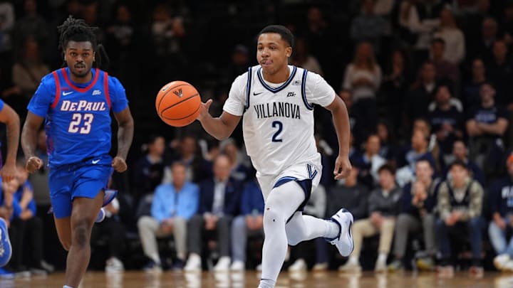Jan 4, 2025; Villanova, Pennsylvania, USA; Villanova Wildcats guard Jhamir Brickus (2) controls the ball against the DePaul Blue Demons in the second half at William B. Finneran Pavilion. Mandatory Credit: Kyle Ross-Imagn Images