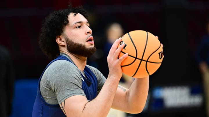 Mar 20, 2025; Cleveland, OH, USA; Robert Morris Colonials guard Ryan Prather Jr. (2) shoots during practice at Rocket Arena. Mandatory Credit: Ken Blaze-Imagn Images
