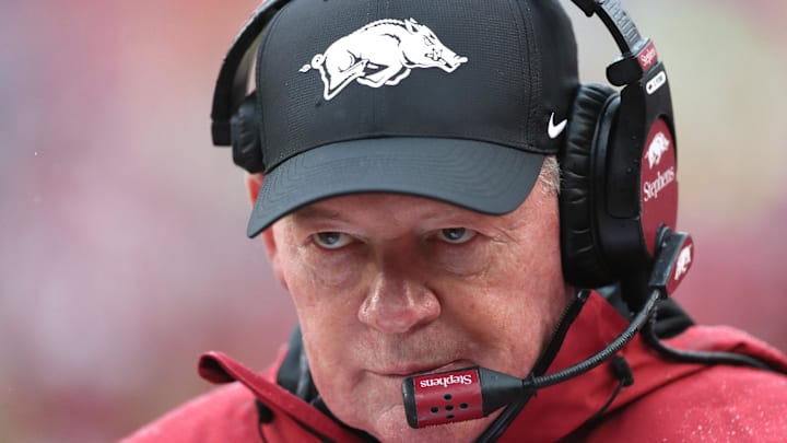 Arkansas Razorbacks interim coach Bobby Petrino during the third quarter against the Auburn Tigers at Razorback Stadium. Arkansas Razorbacks interim coach Bobby Petrino during the third quarter against the Auburn Tigers at Razorback Stadium.