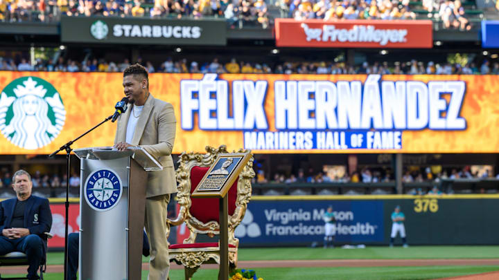 Former Seattle Mariner Felix Hernandez is inducted into the Mariners Hall of Fame prior to the game between the Seattle Mariners and the Baltimore Orioles at T-Mobile Park in 2023.