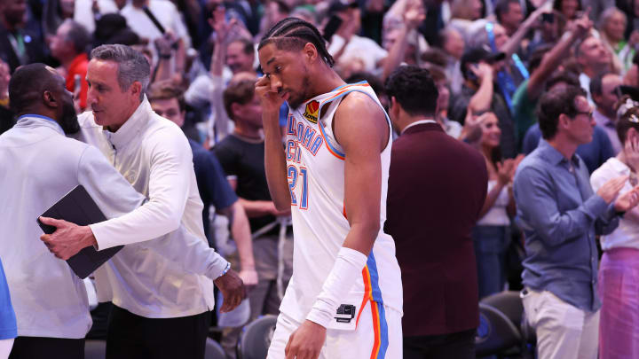 May 18, 2024; Dallas, Texas, USA; Oklahoma City Thunder guard Aaron Wiggins (21) walks off the court after the game against the Dallas Mavericks in game six of the second round of the 2024 NBA playoffs at American Airlines Center. Mandatory Credit: Kevin Jairaj-USA TODAY Sports May 18, 2024; Dallas, Texas, USA; Oklahoma City Thunder guard Aaron Wiggins (21) walks off the court after the game against the Dallas Mavericks in game six of the second round of the 2024 NBA playoffs at American Airlines Center. Mandatory Credit: Kevin Jairaj-USA TODAY Sports