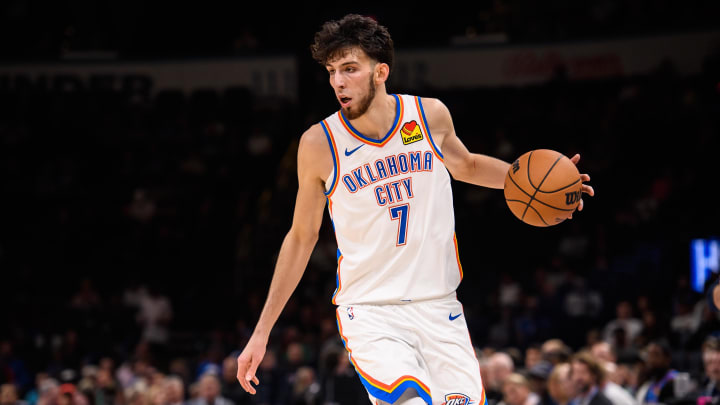 Oct 9, 2023; Oklahoma City, Oklahoma, USA; Oklahoma City Thunder forward Chet Holmgren (7) dribbles the ball during the game against the San Antonio Spurs at Paycom Center. Mandatory Credit: Rob Ferguson-USA TODAY Sports Oct 9, 2023; Oklahoma City, Oklahoma, USA; Oklahoma City Thunder forward Chet Holmgren (7) dribbles the ball during the game against the San Antonio Spurs at Paycom Center. Mandatory Credit: Rob Ferguson-USA TODAY Sports