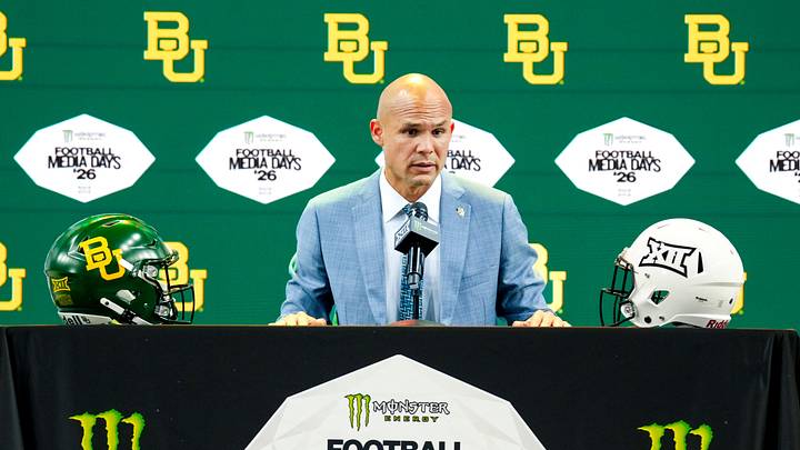 Jul 7, 2026; Frisco, TX, USA;  Baylor head coach Dave Aranda speaks to reporters during Big 12 Conference Football Media Days at The Star. Mandatory Credit: Raymond Carlin III-Imagn Images