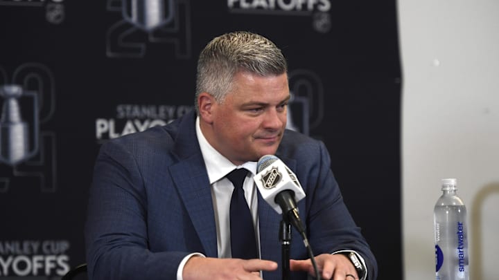 May 4, 2024; Boston, Massachusetts, USA; Toronto Maple Leafs coach Sheldon Keefe speaks to the media
