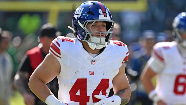 Oct 26, 2025; Philadelphia, Pennsylvania, USA; New York Giants running back Cam Skattebo (44) against the Philadelphia Eagles at Lincoln Financial Field. Mandatory Credit: Eric Hartline-Imagn Images