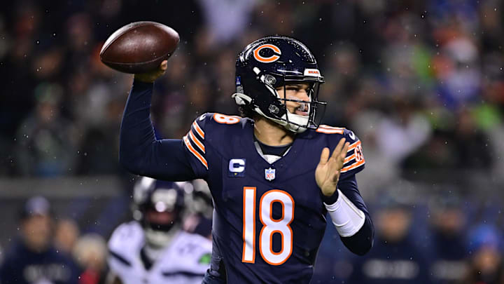 Dec 26, 2024; Chicago, Illinois, USA; Chicago Bears quarterback Caleb Williams (18) passes the ball against the Seattle Seahawks during the first quarter at Soldier Field. Mandatory Credit: Daniel Bartel-Imagn Images