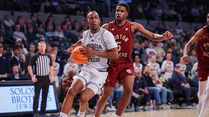 Jan 3, 2026; Atlanta, Georgia, USA; Georgia Tech Yellow Jackets guard Lamar Washington (1) drives past Boston College Eagles guard Fred Payne (5) in the second half at McCamish Pavilion. Mandatory Credit: Brett Davis-Imagn Images
Jan 3, 2026; Atlanta, Georgia, USA; Georgia Tech Yellow Jackets guard Lamar Washington (1) drives past Boston College Eagles guard Fred Payne (5) in the second half at McCamish Pavilion. Mandatory Credit: Brett Davis-Imagn Images