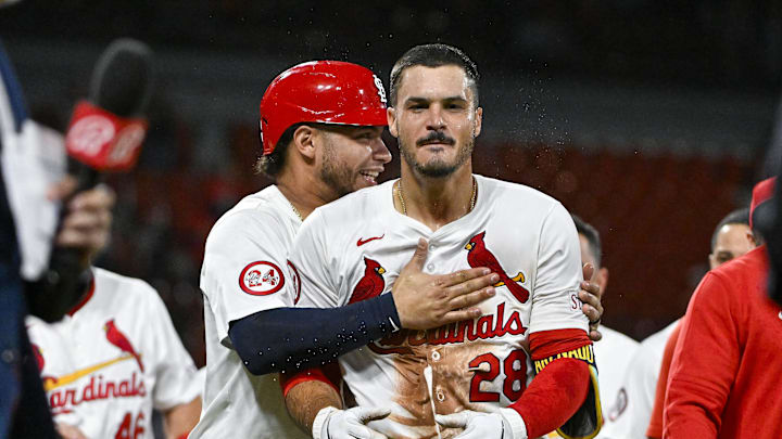 Aug 21, 2024; St. Louis, Missouri, USA; St. Louis Cardinals third baseman Nolan Arenado (28) celebrates with catcher Willson Contreras (40) after hitting a walk-off grand slam against the Milwaukee Brewers during the tenth inning at Busch Stadium. Mandatory Credit: Jeff Curry-Imagn Images Aug 21, 2024; St. Louis, Missouri, USA; St. Louis Cardinals third baseman Nolan Arenado (28) celebrates with catcher Willson Contreras (40) after hitting a walk-off grand slam against the Milwaukee Brewers during the tenth inning at Busch Stadium. Mandatory Credit: Jeff Curry-Imagn Images