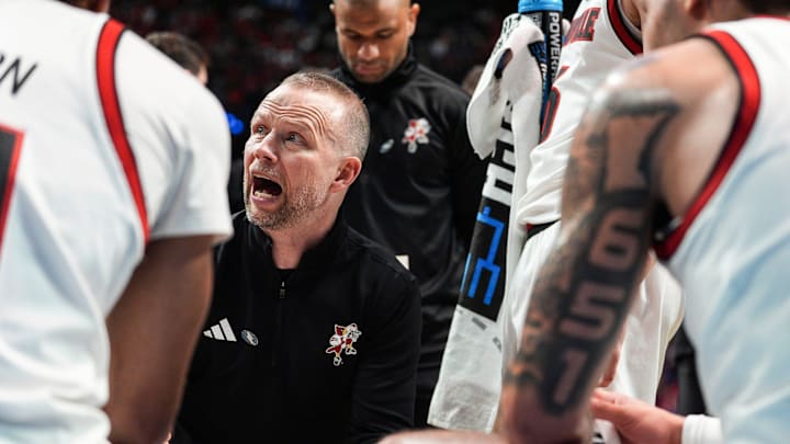 Louisville Cardinals head coach Pat Kelsey coaches during a time out in the first round game against Creighton of the 2025 NCAA men's basketball tournament at Rupp Arena in Lexington, Kentucky Thursday March 20, 2025. Louisville Cardinals head coach Pat Kelsey coaches during a time out in the first round game against Creighton of the 2025 NCAA men's basketball tournament at Rupp Arena in Lexington, Kentucky Thursday March 20, 2025.