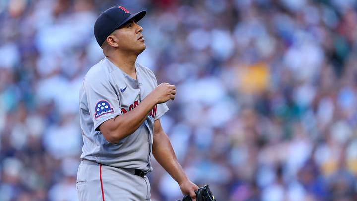 Jun 19, 2026; Seattle, Washington, USA; Boston Red Sox pitcher Ranger Suárez (55) reacts after the first inning against the Seattle Mariners at T-Mobile Park. Mandatory Credit: Kevin Ng-Imagn Images