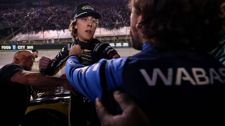 Carson Hocevar, driver of the #77 Zeigler Auto Group Chevrolet, (L) and Ryan Blaney, driver of the #12 WABASH Ford, get into an altercation after the NASCAR Cup Series Bass Pro Shops Night Race at Bristol Motor Speedway on September 19, 2026 in Bristol, Tennessee. Carson Hocevar, driver of the #77 Zeigler Auto Group Chevrolet, (L) and Ryan Blaney, driver of the #12 WABASH Ford, get into an altercation after the NASCAR Cup Series Bass Pro Shops Night Race at Bristol Motor Speedway on September 19, 2026 in Bristol, Tennessee.
