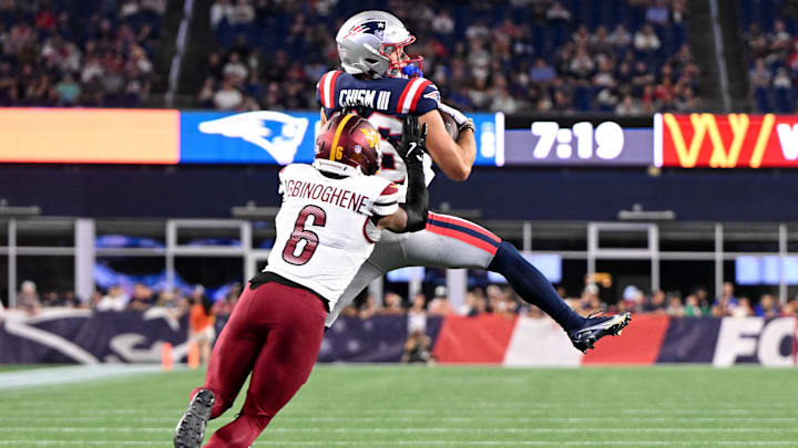 Aug 8, 2025; Foxborough, Massachusetts, USA; New England Patriots wide receiver Efton Chism III (86) makes a catch against the Washington Commanders during the second half at Gillette Stadium. Mandatory Credit: Brian Fluharty-Imagn Images