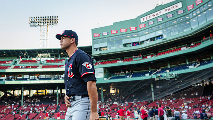 Sep 3, 2025; Boston, Massachusetts, USA; Cleveland Guardians pitcher Joey Cantillo (54) walks to the bull pen before the start of the game against the Boston Red Sox at Fenway Park. Mandatory Credit: David Butler II-Imagn Images