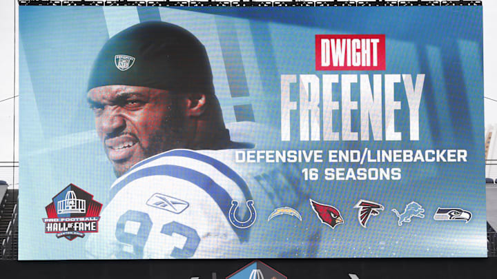 Aug 3, 2024; Canton, OH, USA; Class of 2024 member Dwight Freeney during his acceptance speech into the Pro Football Hall of Fame at the enshrinement ceremony at Tom Benson Hall of Fame Stadium. Mandatory Credit: Charles LeClaire-Imagn Images Aug 3, 2024; Canton, OH, USA; Class of 2024 member Dwight Freeney during his acceptance speech into the Pro Football Hall of Fame at the enshrinement ceremony at Tom Benson Hall of Fame Stadium. Mandatory Credit: Charles LeClaire-Imagn Images