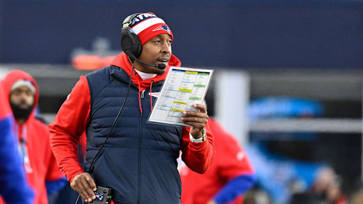 Dec 1, 2024; Foxborough, Massachusetts, USA; New England Patriots defensive coordinator Demarcus Covington works from the sideline during the second half against the Indianapolis Colts at Gillette Stadium. Mandatory Credit: Eric Canha-Imagn Images