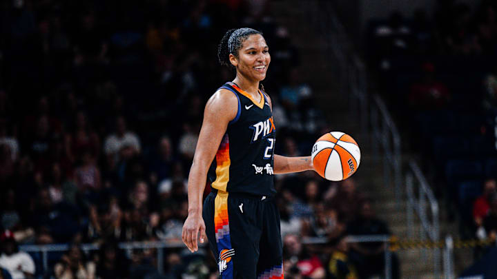 Jul 27, 2025; Washington, District of Columbia, USA; Phoenix Mercury forward Alyssa Thomas (25) reacts in the second half against the Washington Mystics at CareFirst Arena. Mandatory Credit: Emily Faith Morgan-Imagn Images