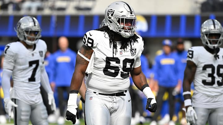Oct 20, 2024; Inglewood, California, USA; Las Vegas Raiders defensive tackle Adam Butler (69) during a game against the Los Angeles Rams at SoFi Stadium. Mandatory Credit: Robert Hanashiro-Imagn Images