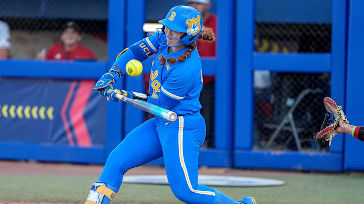 UCLA utility Megan Grant (43) foul tips to Texas Tech catcher Victoria Valdez (13) in the sixth inning during a softball game between Texas Tech and UCLA at the Women’s College World Series at Devon Park in Oklahoma City, on Saturday, May 31, 2025.