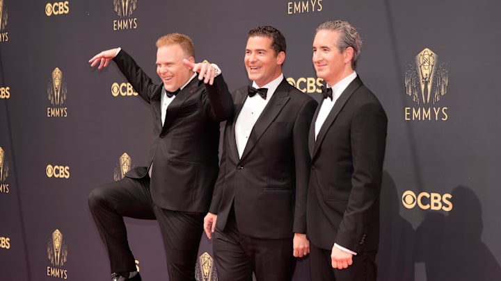 Sep 19, 2021; Los Angeles, CA, USA; (L-R) Josh Heald, Jon Hurwitz and Hayden Schlossberg arrive at the 73rd Emmy Awards at L.A. Live. Mandatory Credit: Robert Hanashiro-USA TODAY