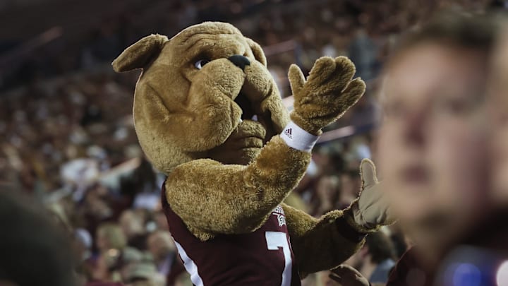 Mississippi State Bulldogs mascot Bully climbs into the crowd as they take on the Texas Tech Red Raiders at the AutoZone Liberty Bowl at Liberty Bowl Memorial Stadium on Tuesday, Dec. 28, 2021