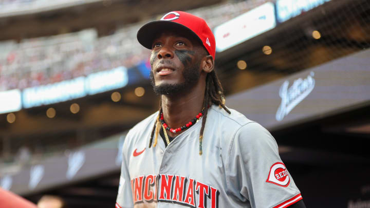 Jul 22, 2024; Atlanta, Georgia, USA; Cincinnati Reds shortstop Elly De La Cruz (44) in the dugout against the Atlanta Braves in the second inning at Truist Park. Jul 22, 2024; Atlanta, Georgia, USA; Cincinnati Reds shortstop Elly De La Cruz (44) in the dugout against the Atlanta Braves in the second inning at Truist Park.