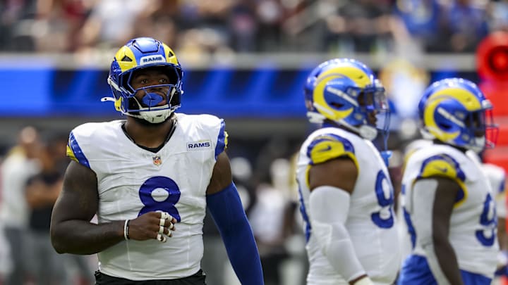 Sep 7, 2025; Inglewood, California, USA; Los Angeles Rams linebacker Jared Verse (8) wearing the NFL gold shield patch during the third quarter at SoFi Stadium. Mandatory Credit: Kiyoshi Mio-Imagn Images