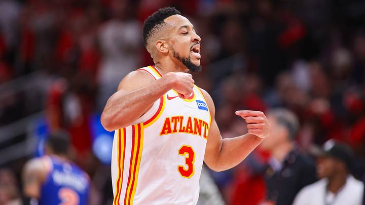 Apr 23, 2026; Atlanta, Georgia, USA; Atlanta Hawks guard CJ McCollum (3) reacts after a basket against the New York Knicks in the second quarter during game three of the first round of the 2026 NBA Playoffs at State Farm Arena. Mandatory Credit: Brett Davis-Imagn Images Apr 23, 2026; Atlanta, Georgia, USA; Atlanta Hawks guard CJ McCollum (3) reacts after a basket against the New York Knicks in the second quarter during game three of the first round of the 2026 NBA Playoffs at State Farm Arena. Mandatory Credit: Brett Davis-Imagn Images