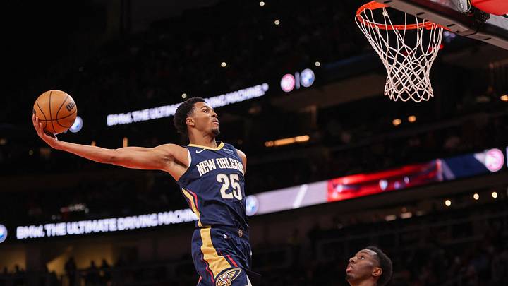 Dec 2, 2024; Atlanta, Georgia, USA; New Orleans Pelicans guard Trey Murphy III (25) goes to the rim after a foul against the Atlanta Hawks in the third quarter at State Farm Arena. Mandatory Credit: Brett Davis-Imagn Images Dec 2, 2024; Atlanta, Georgia, USA; New Orleans Pelicans guard Trey Murphy III (25) goes to the rim after a foul against the Atlanta Hawks in the third quarter at State Farm Arena. Mandatory Credit: Brett Davis-Imagn Images
