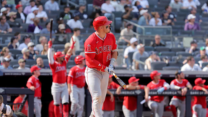 Apr 16, 2026; Bronx, New York, USA; Los Angeles Angels designated hitter Mike Trout (27) watches his solo home run against the New York Yankees during the seventh inning at Yankee Stadium. Mandatory Credit: Brad Penner-Imagn Images