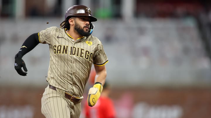 May 17, 2024; Atlanta, Georgia, USA; San Diego Padres right fielder Fernando Tatis Jr. (23) runs to
