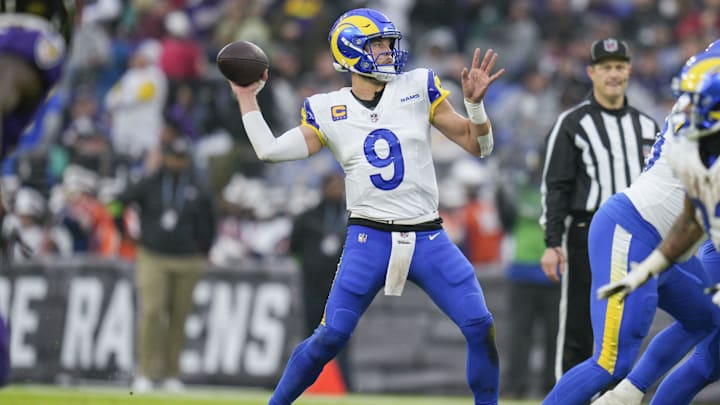 Dec 10, 2023; Baltimore, Maryland, USA;  Los Angeles Rams quarterback Matthew Stafford (9) passes