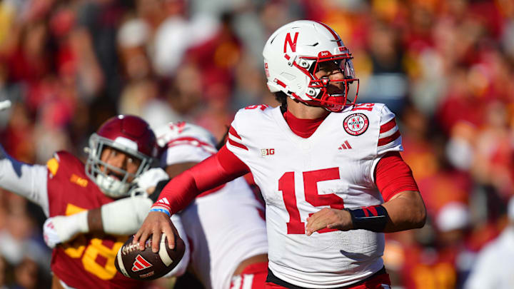 Nov 16, 2024; Los Angeles, California, USA; Nebraska Cornhuskers quarterback Dylan Raiola throws against the Southern California Trojans during the first half. Nov 16, 2024; Los Angeles, California, USA; Nebraska Cornhuskers quarterback Dylan Raiola throws against the Southern California Trojans during the first half.