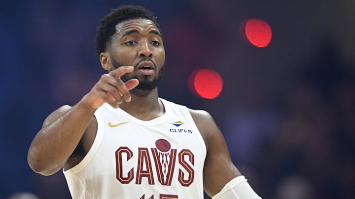 Dec 3, 2025; Cleveland, Ohio, USA; Cleveland Cavaliers guard Donovan Mitchell (45) reacts in the first quarter against the Portland Trail Blazers at Rocket Arena. Mandatory Credit: David Richard-Imagn Images Dec 3, 2025; Cleveland, Ohio, USA; Cleveland Cavaliers guard Donovan Mitchell (45) reacts in the first quarter against the Portland Trail Blazers at Rocket Arena. Mandatory Credit: David Richard-Imagn Images
